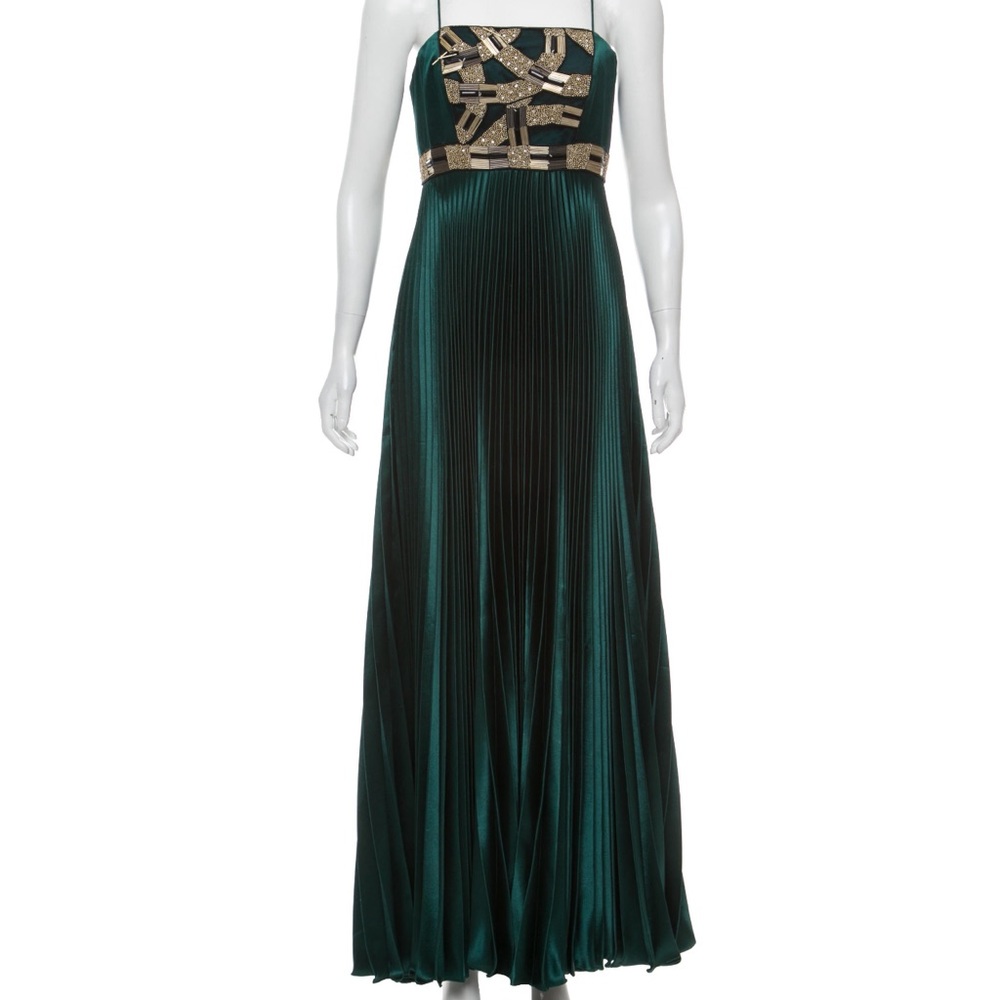 Theia Emerald Green Pleated Gown with Crystal Embellishment at Bodice Sz 6
